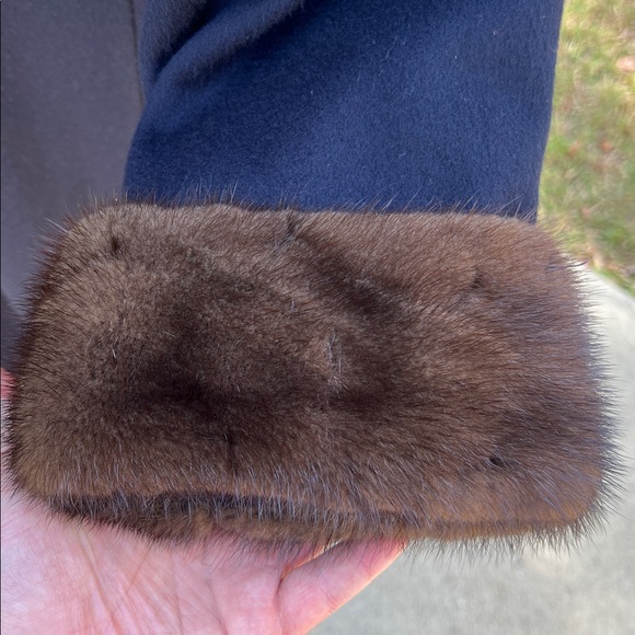 Vintage Marvin Richards USA Full Length Navy Pea Coat Winter Coat Brown Fur Trim - Picture 9 of 17